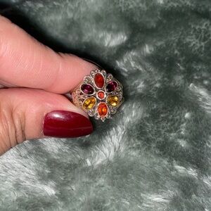 Multicolor Sterling Silver  Floral Cocktail Ring - garnet, amethyst yellow gems